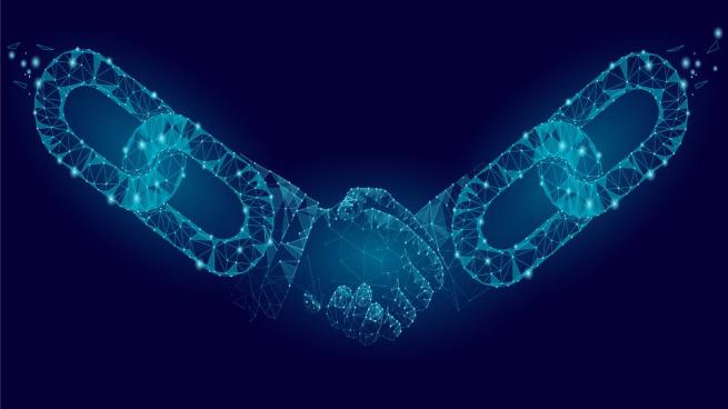 Blockchain two hands shaking in digital space